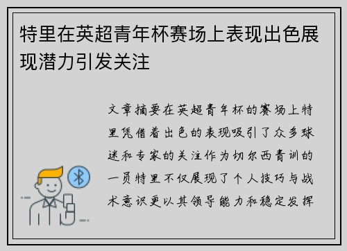 特里在英超青年杯赛场上表现出色展现潜力引发关注